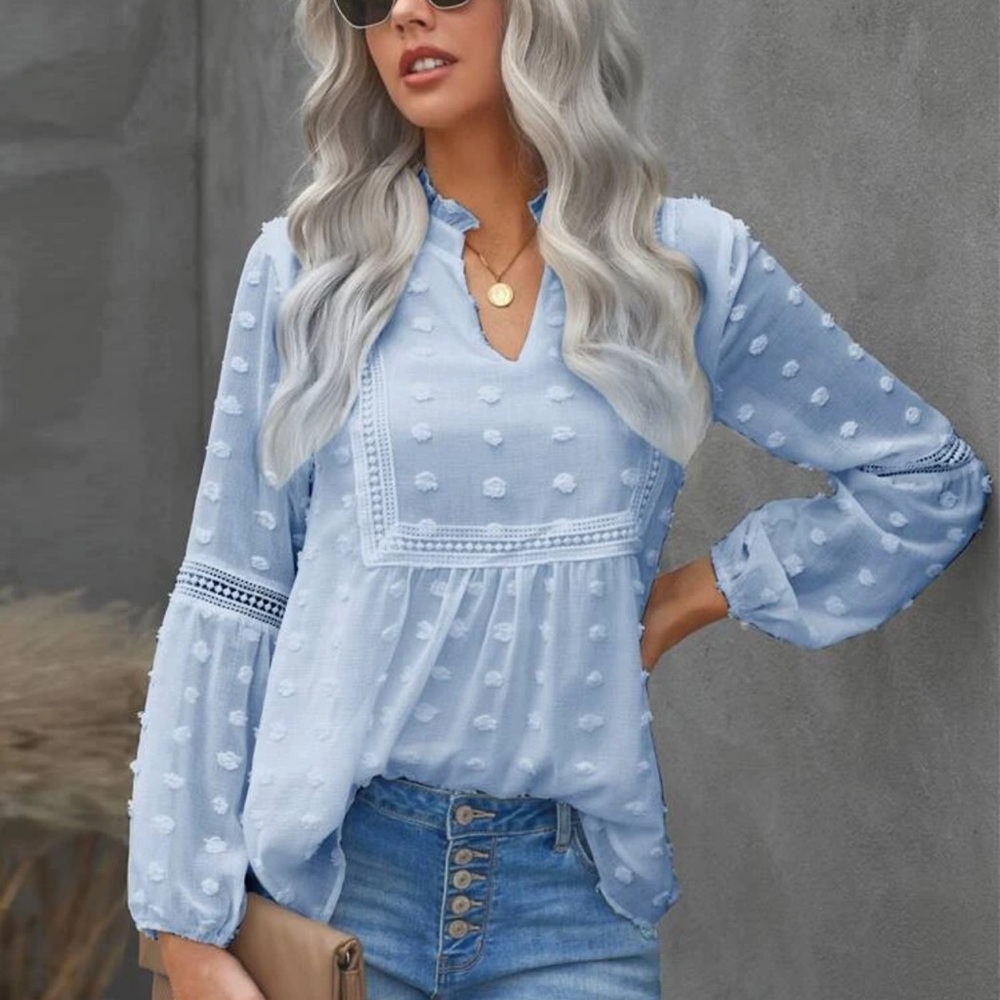 Long sleeve swiss dot sheer chiffon blouse boho - Picture 1 of 8